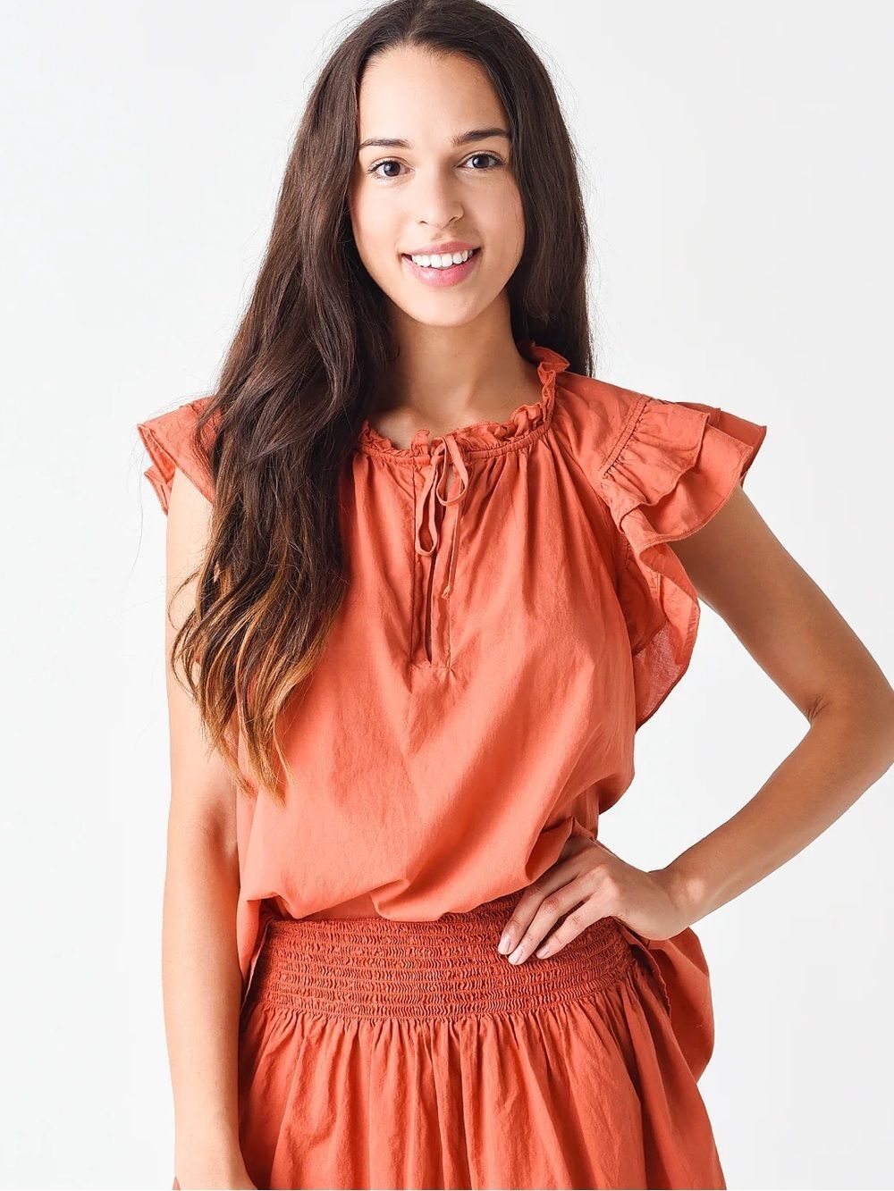 Stark X Poplin Dreamy Top Flutter Sleeve | Terracotta | Medium